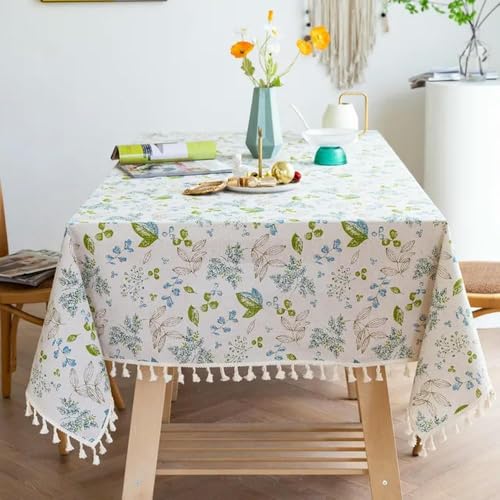 HSYHKDSY 60~300cm rechteckige Tischdecke aus Baumwollleinen im japanischen Stil mit Blumenmuster und Quaste, Küchentischdecke als Tischdekoration für Hochzeiten von HSYHKDSY