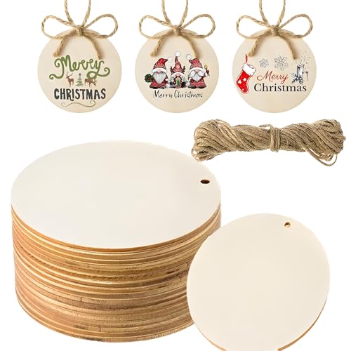 HSYTEK 10 Stück Runde Holzscheiben mit Loch, 7.5cm Holzplatten zum Basteln, Blanko Holzplättchen mit Bindfaden, Holzscheibe für Beschriftungen, Weihnachtsdekorationen, Hochzeitsdekorationen, Malerei von HSYTEK