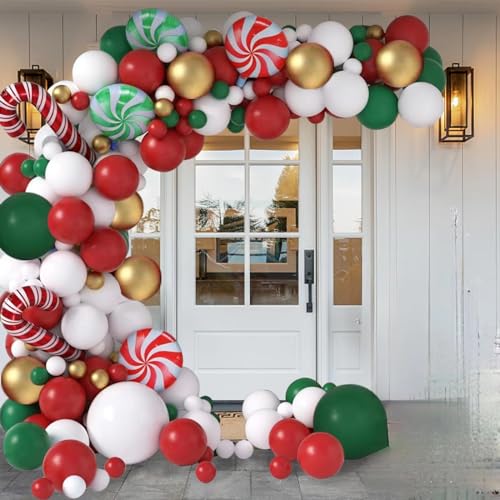 HTCAIZI 107PCS Weihnachten Ballonbogen Girlande Kit enthalten Gold grün rot weiß Latex Ballons Gold Pailletten Zuckerstange Folienballons für Mädchen Jungen Kinder Geburtstag Party Dekoration von HTCAIZI