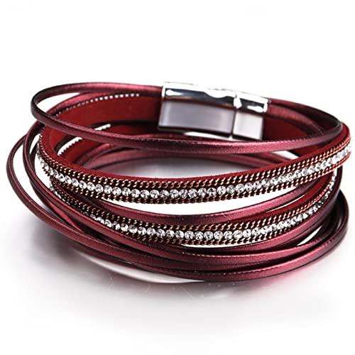 HTMRZ 1 Pc Mehrschichtige Lederarmbänder Frauen Magnetverschluss Kristall Bohemian Wickelarmband Schmuck-Weinrot von HTMRZ