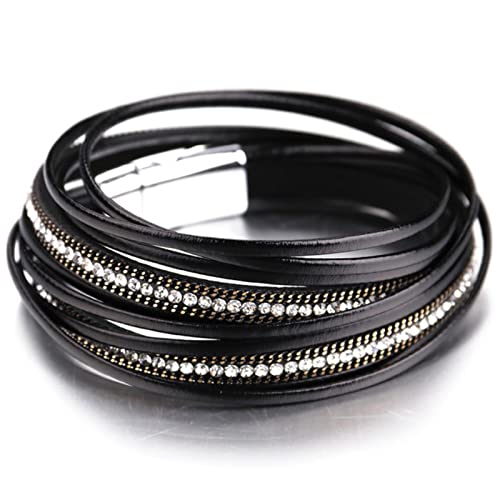 HTMRZ 1 Stück Mehrschichtige Lederarmbänder Frauen Magnetverschluss Kristall Bohemian Wickelarmband Schmuck-Schwarz von HTMRZ