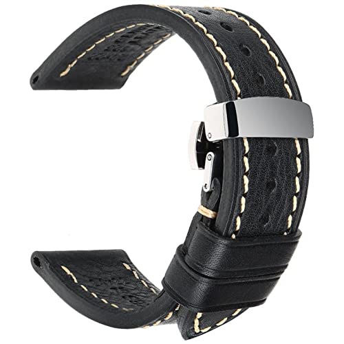 HTRJAPL Lederband Schwarz Damen Herren Leder Edelstahl Schmetterling Schnalle Strap Uhrarmband(schwarz,20mm) von HTRJAPL