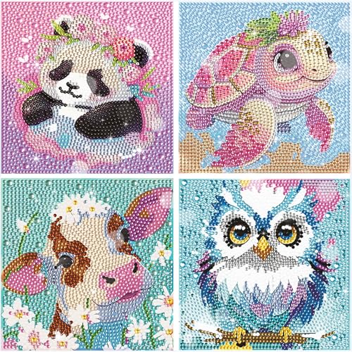 HTTDSLF 4er Set Diamond Painting Kinder, Cartoon-Tiere Diamant Painting Bilder, Edelsteinkunst für Kinder, DIY Mosaikherstellung Basteln, für Kinder und Mädchen, Erwachsene Geeignet von HTTDSLF