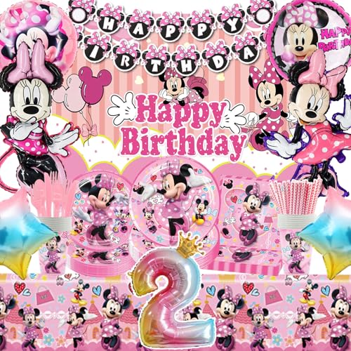 HTTMTTS 100 Stü für Mini Maus Geburtstagsdeko,für Mini Mouse Ballon,Geburtstagsbanner, Besteck, Tassen, Strohhalme, Servietten, Teller, Tischdecken（Pink Geburtstagsdeko Mädchen） von HTTMTTS