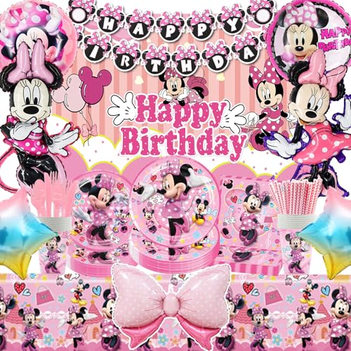 HTTMTTS 100 Stü für Mini Maus Geburtstagsdeko,für Mini Mouse Ballon,Geburtstagsbanner, Besteck, Tassen, Strohhalme, Servietten, Teller, Tischdecken（Pink Geburtstagsdeko Mädchen） von HTTMTTS