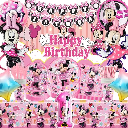 HTTMTTS 100 Stü für Mini Maus Geburtstagsdeko 1 Jahre,für Mini Mouse Ballon,Geburtstagsbanner, Besteck, Tassen, Strohhalme, Servietten, Teller, Tischdecken（Pink Geburtstagsdeko 1 Jahre Mädchen） von HTTMTTS