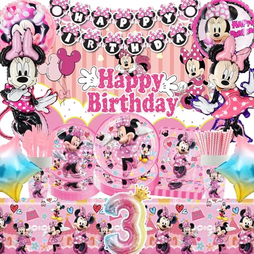 HTTMTTS 100 Stü für Mini Maus Geburtstagsdeko 3 Jahre,für Mini Mouse Ballon,Geburtstagsbanner, Besteck, Tassen, Strohhalme, Servietten, Teller, Tischdecken（Pink Geburtstagsdeko 3 Jahre Mädchen） von HTTMTTS