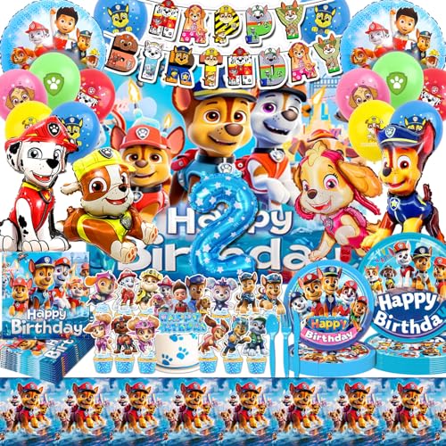 HTTMTTS 75 Stücke für Paw Dog Patrol Geburtstag Deko 2 Jahre, Paw Dog Patrol Thema Party Ballon,Banner,Teller,Servietten,Tischdecke,Geschirr,Hintergrund,Kuchen Deko(2 Jahre Mädchen Junge) von HTTMTTS