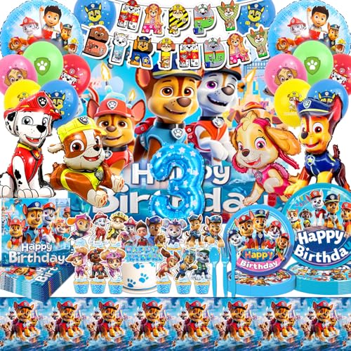 HTTMTTS 75 Stücke für Paw Dog Patrol Geburtstag Deko 3 Jahre, Paw Dog Patrol Thema Party Ballon,Banner,Teller,Servietten,Tischdecke,Geschirr,Hintergrund,Kuchen Deko(3 Jahre Mädchen Junge) von HTTMTTS