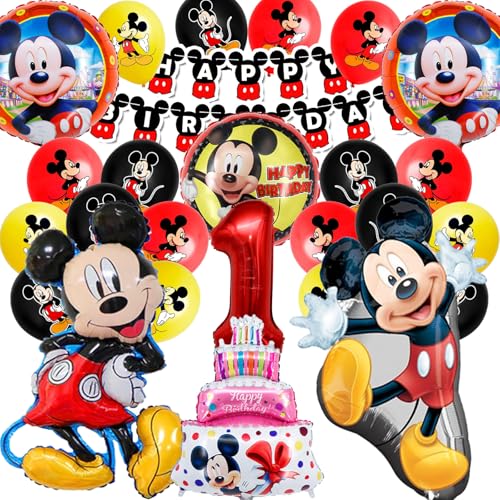 HTTMTTS Micky Mouse Geburtstagsdeko 1 Jahr, Micky Maus Geburtstag Deko Luftballon Set für Jungen 1 Jahr, Cartoon Micky Deko Geburtstag mit Banner Zahlenballon (Micky Geburtstagsdeko Jungen 1 Jahr) von HTTMTTS