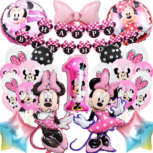 HTTMTTS Mini Mouse Geburtstag Deko 1 Jahr, Rosa Mini Maus Geburtstagsdeko Luftballon Set für Mädchen 1 Jahr, Cartoon Deko Geburtstag mit Banner Zahlenballon (Mini Mouse Geburtstagsdeko 1 Jahr) von HTTMTTS