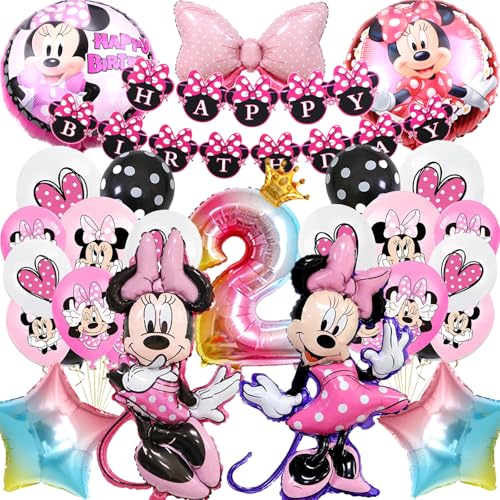 HTTMTTS Mini Mouse Geburtstag Deko 2 Jahre, Rosa Mini Maus Geburtstagsdeko Luftballon Set für Mädchen 2 Jahre, Cartoon Deko Geburtstag mit Banner Zahlenballon (Mini Mouse Geburtstagsdeko 2 Jahre) von HTTMTTS