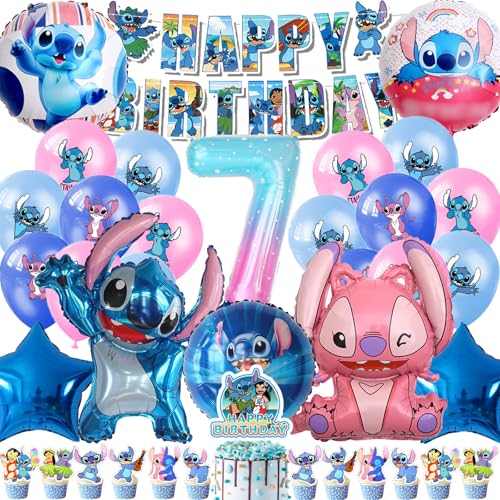 HTTMTTS Stich Geburtstagsdeko Luftballon 7 Jahre, Lilo und Stich Geburtstag Deko Mädchen Junge 7 Jahre, Stich Ballon und Kuchen Deko, Geburtstagsgeschenke für Kinder (Stich Party Deko 7 Jahre) von HTTMTTS