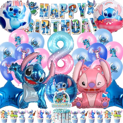 HTTMTTS Stich Geburtstagsdeko Luftballon 8 Jahre, Lilo und Stich Geburtstag Deko Mädchen Junge 8 Jahre, Stich Ballon und Kuchen Deko, Geburtstagsgeschenke für Kinder (Stich Party Deko 8 Jahre) von HTTMTTS