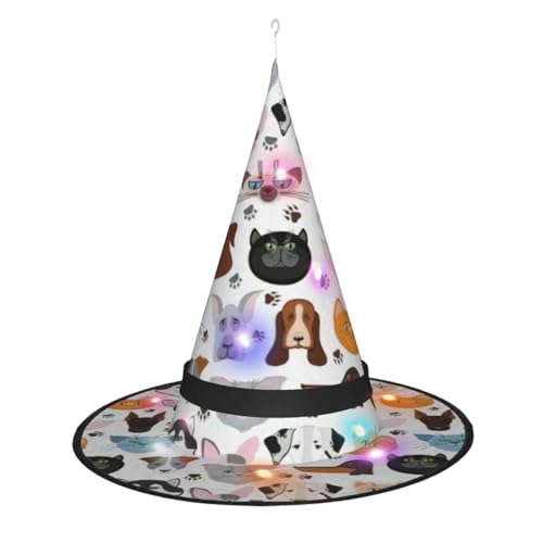 HTTUP Cartoon-Katzen- und Hunde-Druck, Halloween-Hexenhut, geeignet für leuchtende Hexenhut, Halloween-Kostüme, Weihnachtsdekoration von HTTUP