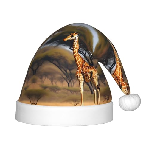 HTTUP Weihnachtsmütze mit Afrika-Giraffen-Motiv, majestätischer Baumdruck, Unisex, Weihnachtsmannmütze, Weihnachtsmannmütze, Weihnachtsaccessoires, Geschenk von HTTUP