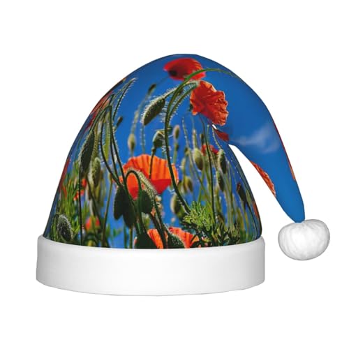 HTTUP Weihnachtsmütze mit Mohnblumen auf blauem Himmel, Unisex, Weihnachtsmannmütze, Weihnachtsmannmütze, Weihnachtsaccessoires, Geschenk von HTTUP