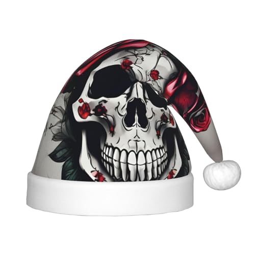 HTTUP Weihnachtsmütze mit roter Rose und Totenkopf-Druck, Unisex, Weihnachtsmannmütze, Weihnachtsmannmütze, Weihnachtsaccessoires, Geschenk von HTTUP