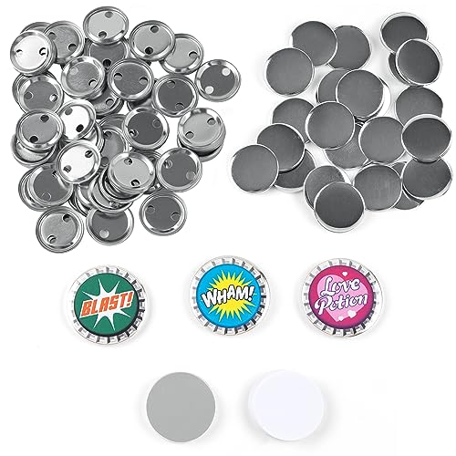 HTVRONT Blank Button Making Supplies – 200 Stück Metallknopfnadeln für Knopfmacher-Maschine, 37 mm rundes Abzeichenherstellungszubehör mit Metallgehäuse, transparenter Folie und blanko rundem Papier von HTVRONT