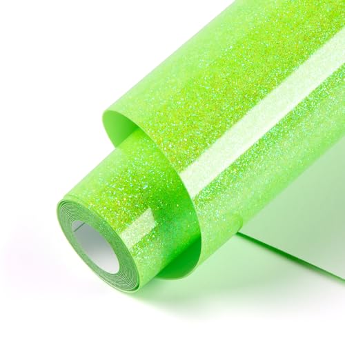 HTVRONT Neon Green Glitter Heat Transfer Vinyl – 25,4 cm x 1,5 m Neon Green Glitter HTV-Vinyl für T-Shirts, Neon Green Glitter Iron on Vinyl für alle Schneidemaschinen (Neon Green Glitter) von HTVRONT