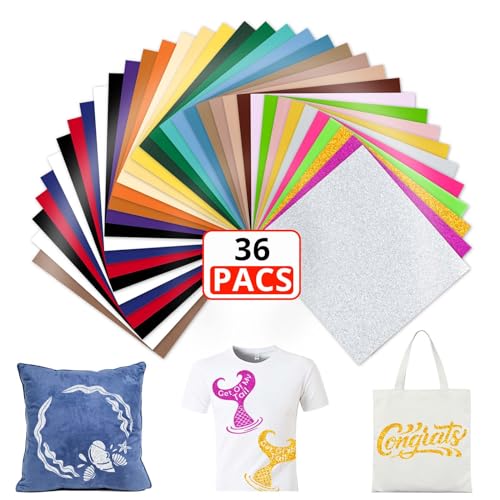 HTVRONT Plotterfolie Textil Bündel 36 Pack mit 3 Glitzer Flexfolie Plotter Textil - Flexfolie 30.5 cm*25.4 cm 29 Farben und 1 Teflon Blatt - Heat Transfer Vinyl HTV für T-Shirt & Stoffe (36 Stück) von HTVRONT