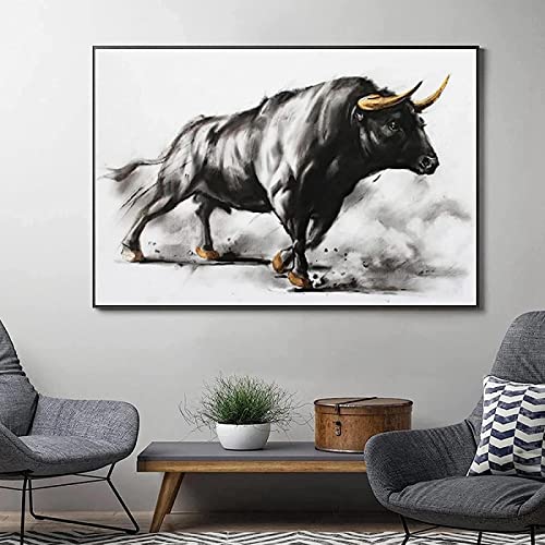 HTWLMM Stierkampf Schwarzer Stier Leinwand Malerei Bilder Tier Vintage Poster Kunstdruck für Wohnzimmer Schlafzimmer Wandbilder Deko Rahmenlos (60X90CM) von HTWLMM