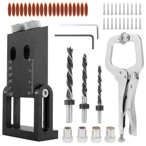 HUAHAIZY 56-teiliges Taschenloch-Vorrichtungsset, Bohrführung, 6 mm, 8 mm, 10 mm Bits mit Klemmdübelsucher von HUAHAIZY