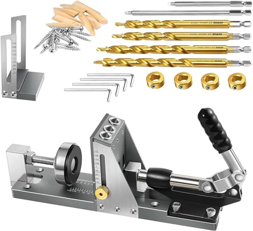 Taschenlochlehren-Set, abnehmbare Lehre und einstellbarer Lochabstand, professionelle Ganzmetall-Taschenschraubenlehre mit Begrenzungsring und hochwertigem Stufenbohrer, für Aluminium-Holzbearbeitun von HUAHAIZY