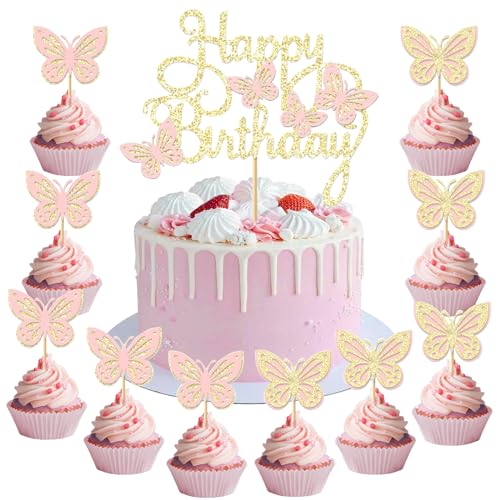 Schmetterling Tortendeko Schmetterlinge, 13 Stück Schmetterlinge Deko Torte, Happy Birthday Cake Topper, Kuchen Deko Schmetterlinge Deko Geburtstag Mädchen, für Themen Party, Geburtstag Deko (A) von HUAIZAN