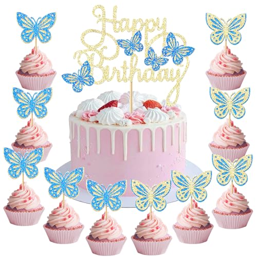 Schmetterling Tortendeko Schmetterlinge, 13 Stück Schmetterlinge Deko Torte, Happy Birthday Cake Topper, Kuchen Deko Schmetterlinge Deko Geburtstag Mädchen, für Themen Party, Geburtstag Deko (C) von HUAIZAN