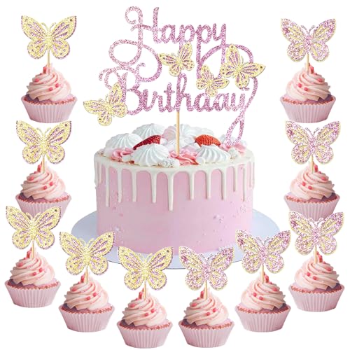 Schmetterling Tortendeko Schmetterlinge, 13 Stück Schmetterlinge Deko Torte, Happy Birthday Cake Topper, Kuchen Deko Schmetterlinge Deko Geburtstag Mädchen, für Themen Party, Geburtstag Deko (E) von HUAIZAN