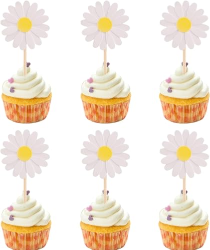 Tortendeko Gänseblümchen Cupcake Toppers, 24 Stücke Tortendeko Blumen Deko Torte, Kuchen Deko Blumen Cake Topper, Kuchen Topper, Tortenaufleger Gänseblümchen Deko Geburtstag Party (Weiß) von HUAIZAN