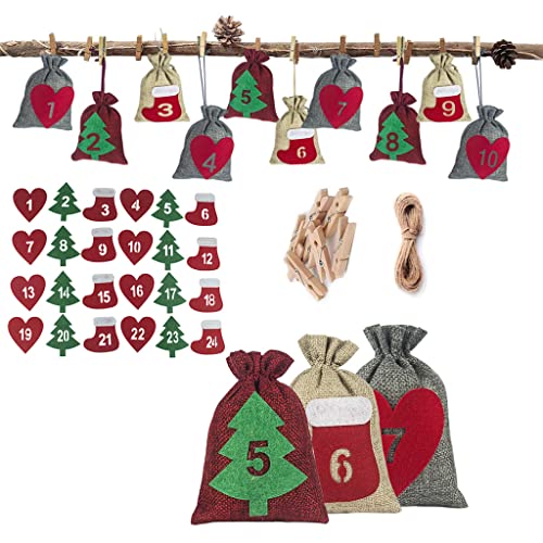 24 Sets Weihnachten Adventskalender Kordelzug Beutel mit Filz Herz Baum Sockenaufkleber Holzklammern Seile Hängende Countdown Candy Party von HUAJINGKEJI