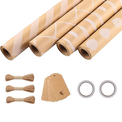 4 Rollen Weihnachts-Geschenkpapier Vintage Geschenkpapier inklusive Etiketten String Geschenkpapier für Weihnachten von HUAJINGKEJI