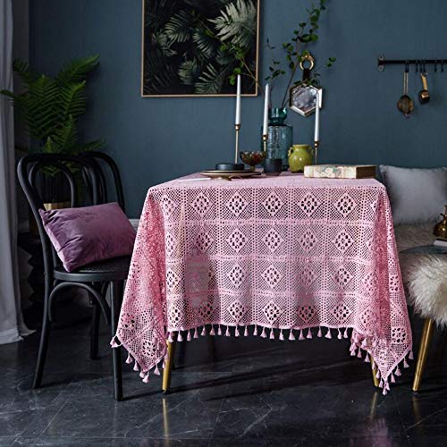 HUALEMEI Rosa Spitze Tischdecke,handgemachte Vintage Häkeln Makramee Baumwolle Gewebt Hohle Tischbezug Mit Quasten Für Küche Runde Rechteckiger Tisch Pink 85 * 85cm von HUALEMEI