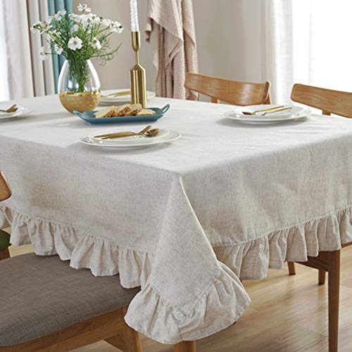 HUALEMEI Rüsche Trimmen Tischdecke,Waschbar Volltonfarbe Französisch Vintage Rechteck Zu Küche Hochzeit Bankett Baby Dusche Tabletop-nutzung,Baumwoll-leinen Tischtuch A 120x160cm(47x63inch) von HUALEMEI