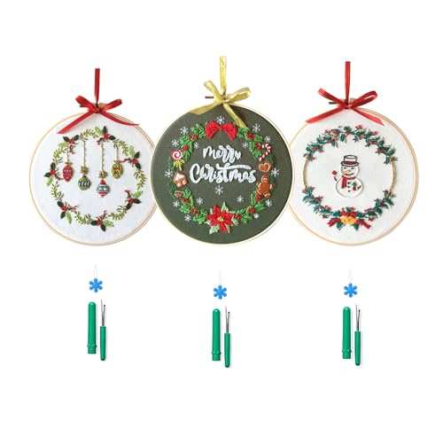 3 Sets volle Reihe von geprägten Weihnachtsverzierung-Stickerei-Set für Anfänger, Weihnachtskranz, Stickerei-Kits, Weihnachts-Sticksets für Erwachsene, Weihnachts-Sticksets für Anfänger von HUANGENG