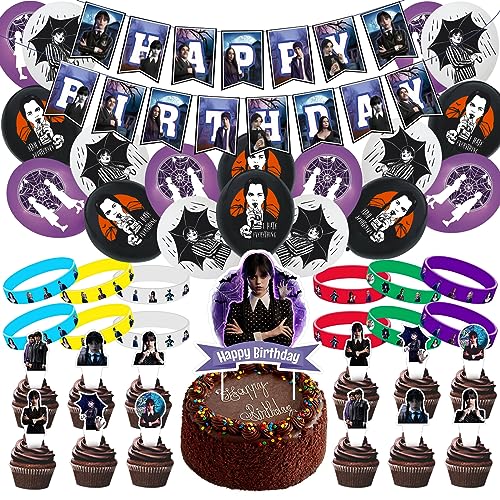 HUARYEN Wednesday Geburtstag Deko, 56 Stück Mittwoch Party Dekorationen Mittwoch Latexballons Banner Silikonarmbänder Mittwoch Thema Geburtstag Party Supplies Set für Kinder Jungen Mädchen von HUARYEN