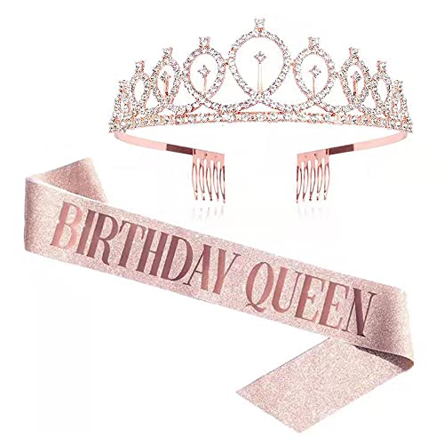 HUATEEN Geburtstagskönigin-Sash & Strass-Tiara-Kit - Geschenke zum 21. und 30. Geburtstag, Geburtstags-Sash für Frauen, Geburtstags-Party-Zubehör (Gold) von HUATEEN