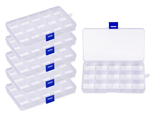 HUAZIZ 6 pcs Fächer Aufbewahrungsbox, Sortierbox für kleinteile, Plastik Aufbewahrungsbox Schmuck Aufbewahrungsbox Sortierboxen 15 Raster für Veranstalter Perlen Ohrring, Einstellbar Sortimentskasten von HUAZIZ