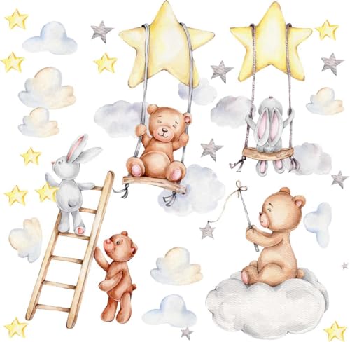 HUBDECO Wandtattoo Kinderzimmer – Wandtattoo Kinderzimmer Mädchen & Junge – Wanddeko Kinderzimmer – Wandaufkleber Kinderzimmer - Kinderzimmer Wanddeko Teddy Kaninchen Wolken von HUBDECO