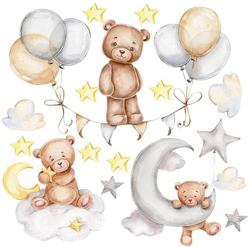 HUBDECO Wandtattoo Kinderzimmer – Wandtattoo Kinderzimmer Mädchen & Junge – Wanddeko Kinderzimmer – Wandaufkleber Kinderzimmer - Kinderzimmer Wanddeko Teddybären Wolken Sterne von HUBDECO