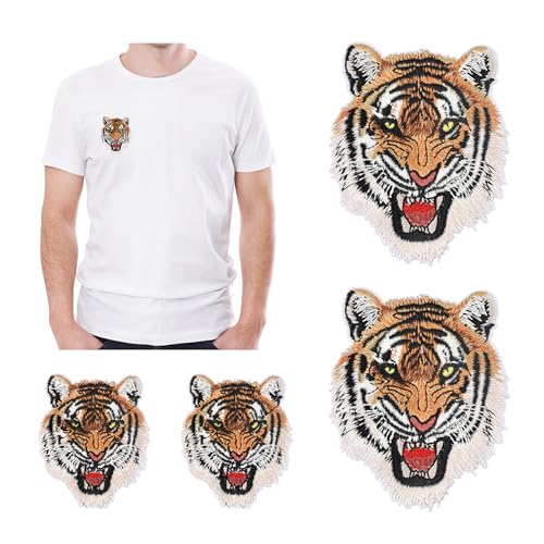 HUIANER Tiger Aufnäher zum Aufbügeln, Motiv: brüllender Tigerkopf, bestickt, für Hut, Kleidung, Taschen, Jeans, 6,9 cm / 8,9 cm, zum Aufbügeln oder Aufnähen, 4 Stück von HUIANER