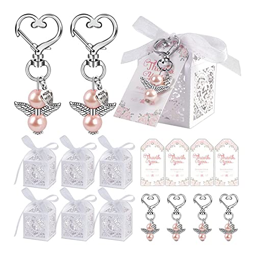HUIFACAI 144 Stück Engel Schlüsselanhänger mit Taufgeschenkboxen Kraftpapier Legierung Schlüssel Ringe Anhänger Hochzeitsgeschenk für Tasche von HUIFACAI