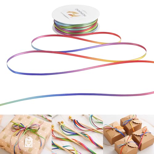 HUIHUANG 0.3 cm Regenbogen-Satinband, dünnes Satinband, doppelseitiges Basteln, kleines Band zum Basteln, Aufhängen, Geschenkverpackungen, Nähen und Einladungskarten, Weihnachtsschmuck von HUIHUANG