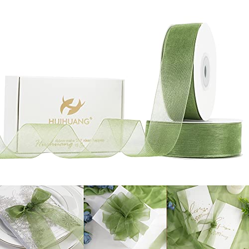 HUIHUANG Organzaband, 2.5 cm, Salbeigrün, durchsichtiges Chiffonband für Geschenkverpackungen, Kuchendekoration, Hochzeitseinladungen, Blumenstrauß, DIY – 2 Rollenx45 m pro Rolle, 91 m insgesamt von HUIHUANG