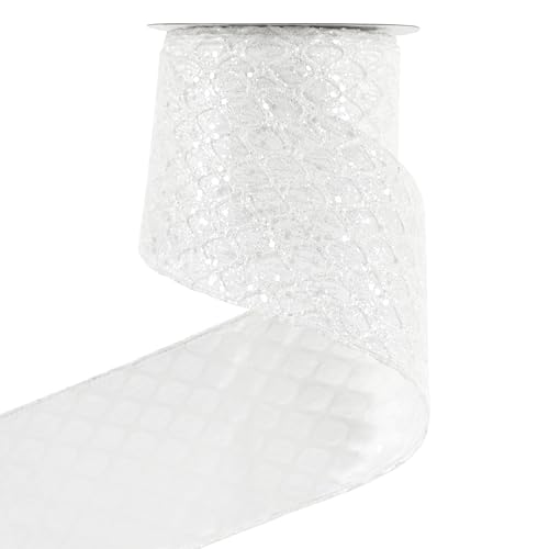 HUIHUANG Weißes Weihnachtsband, 10,2 cm, weißes Glitzerband, Diamant-Mesh-Drahtband für Weihnachtsbaumschmuck, Kränze, Girlande, große Schleifen, Heimdekoration, 9,1 m von HUIHUANG