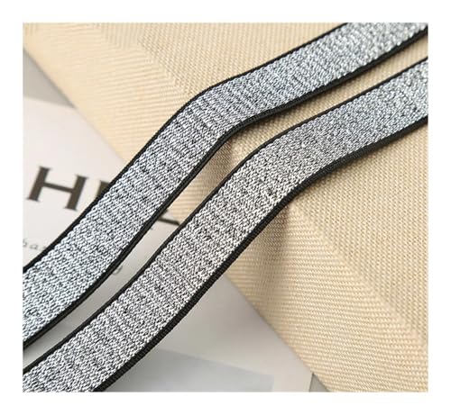 HUIJIQX 5 Meter Gold Silber Glitzer Elastische Bänder 10/20/30mm Breite Bund Gummiband DIY Nähen Spitze Trim Kleidungsstück Zubehör (Silber-Schwarz Rand, 5 METER_10mm) von HUIJIQX