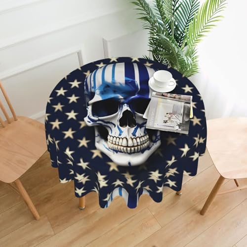 HUIKGIER Blaue gestreifte Sterne, Totenkopf-Druck, runde Tische, knitterfrei, ölbeständig, Heimdekoration, Partys, Essen, Outdoor-Funktionen von HUIKGIER