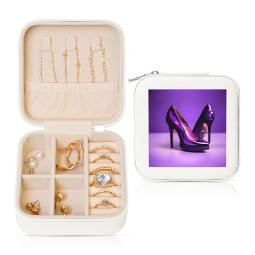 HUIKGIER Elegante violette High Heels mit Lippenstift-Druck, tragbare, quadratische Schmuckschatulle, stilvolle Aufbewahrungsbox für Ohrringe, Halsketten, Armbänder von HUIKGIER